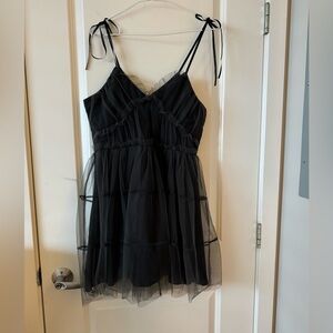 Dark gray Tulle Spaghetti Strap slip Dress- mini flare baby doll